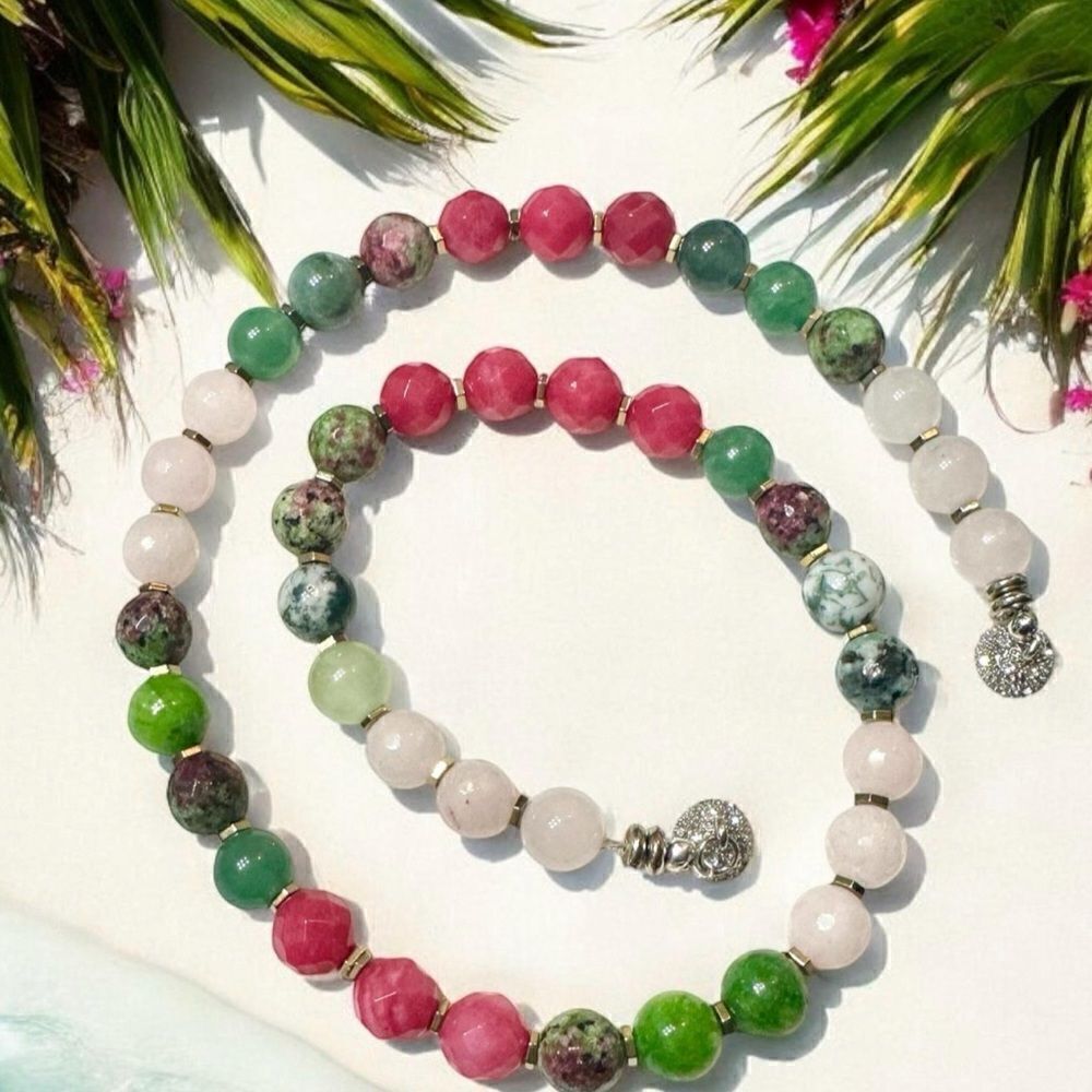 Handmade Genuine Gemstone Watermelon Colors Pink Green Jade Ruby Zoisite 18”